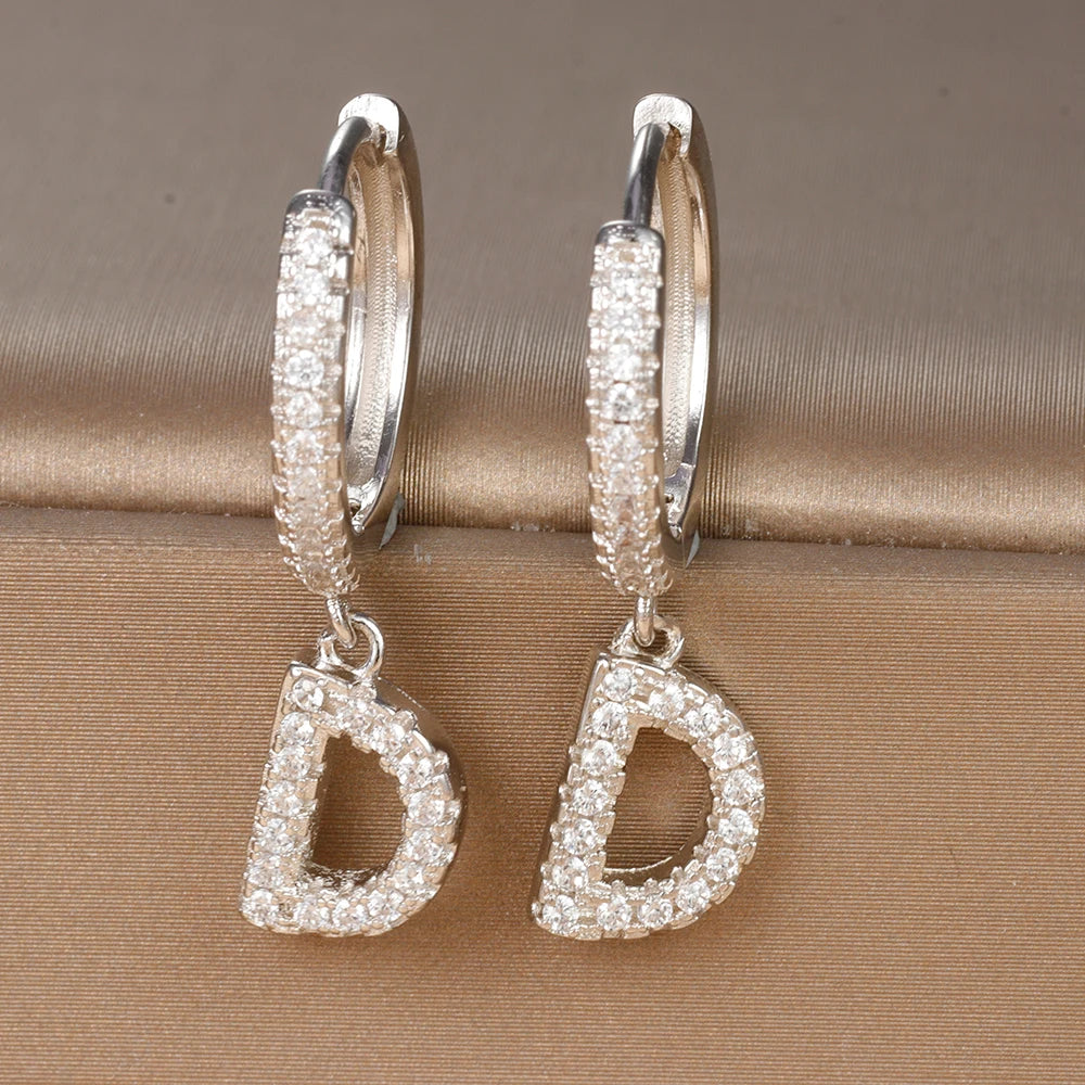 Silver Color Stainless Steel 26 Letters Hoop Earrings For Women A-Z Crystal Zircon Cartilage Piercing Earrings Wedding Jewelry
