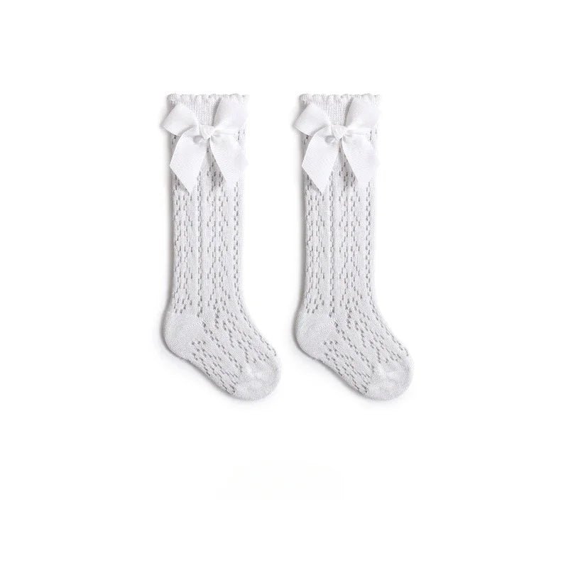 Baby Knee High Socks Kids Girls Boys Bow Long Sock Soft Cotton Mesh Breathable Children Hollow Out Socken for 0-3 Years Old