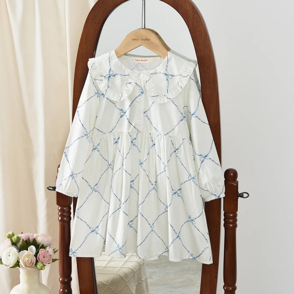 Bear Leader Autumn Spring New Girls' Dress Fashion Cute Doll Neck Flower Print Dress Children's Girls Long Sleeve Princess Dress