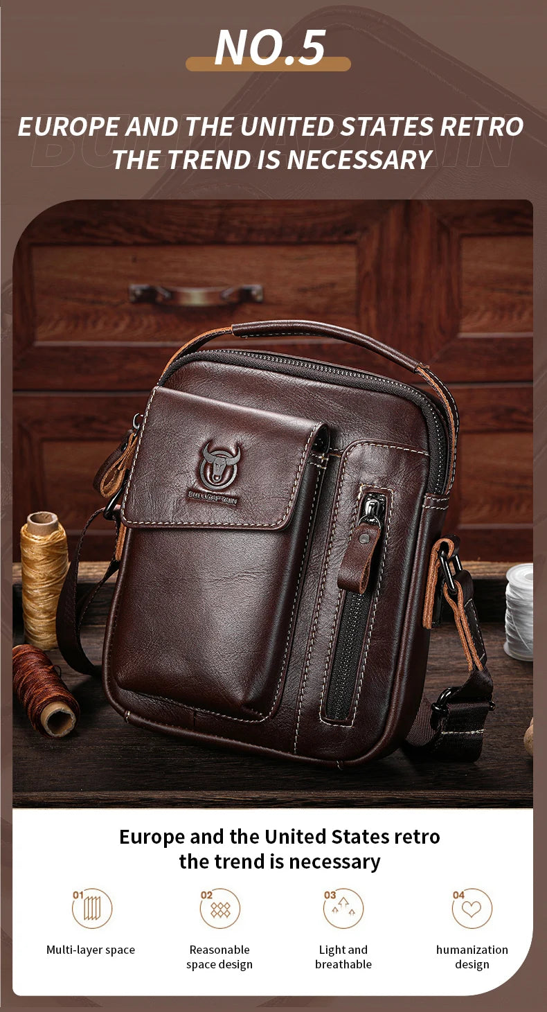 BULLCAPTAIN Casual Fashion Men's Messenger Bag's Business Portable Handbag Man Leather Shoulder Bag Mobile 6.5'' Phone Bags
