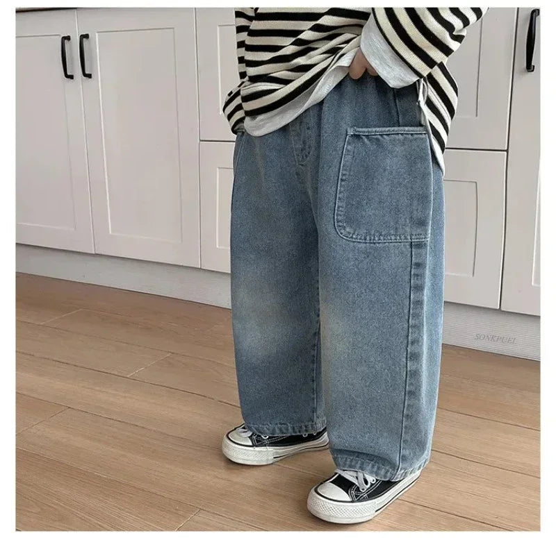 2025 Spring and Autumn New Kids pants Fashion solid color Children's straight jeans Boys loose casual denim Trousers