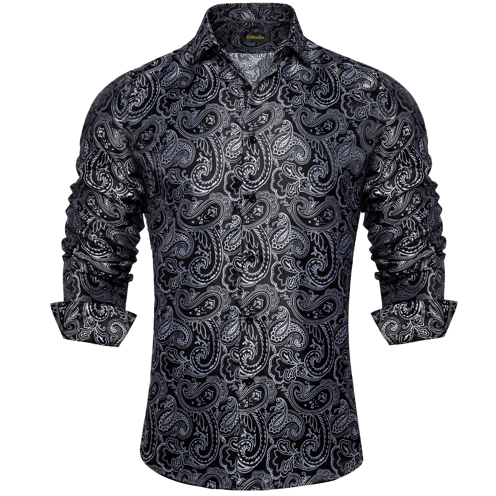 Luxury Men Dress Shirt Formal Prom Tuxedo Long Sleeve Polyester Golden Color Paisley Black Shirts Blouse Men Clothing