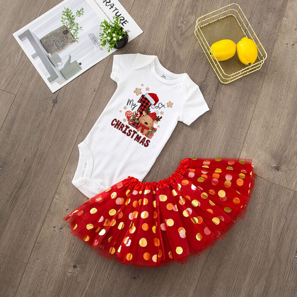 My 1st Christmas Print Baby Girls Cake Smash Dresses Outfits Newborn Xmas Party Tutu + Bodysuit Dress Set Infant Baptism Clothes