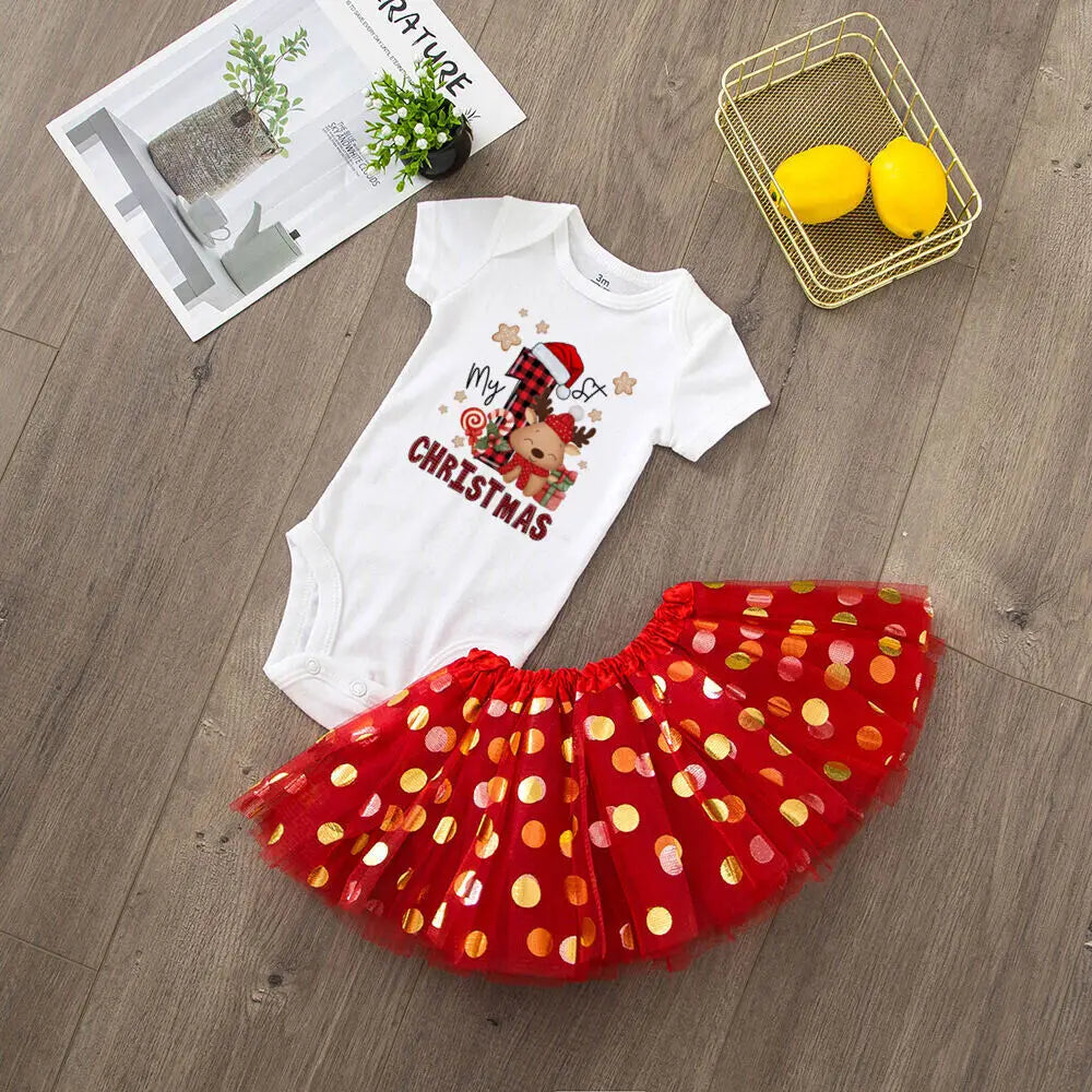 My 1st Christmas Print Baby Girls Cake Smash Dresses Outfits Newborn Xmas Party Tutu + Bodysuit Dress Set Infant Baptism Clothes