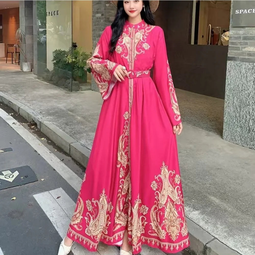Eid Muslim Party Dress for Women Print Flare Sleeve Ramadan Abaya Belt Morocco Kaftan Vestidos Largos Dubai Robe Jalabiya 2026