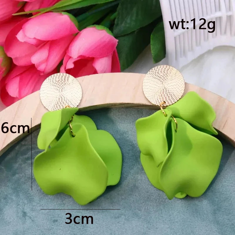 Neon Fuchsia Plastic Petal Drop Earrings Women Colorful Petal Gold Color Disc Drop Earrings Green Pink Carol Color Girl Earring