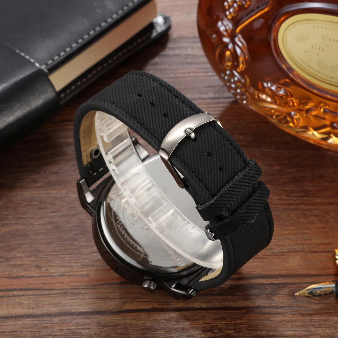 Luxury Men's Quartz Watch - Large Dual Dial Numerals, with Blue or Black Bronze Faux Leather Strap, Alloy Case, Non-Waterproof,