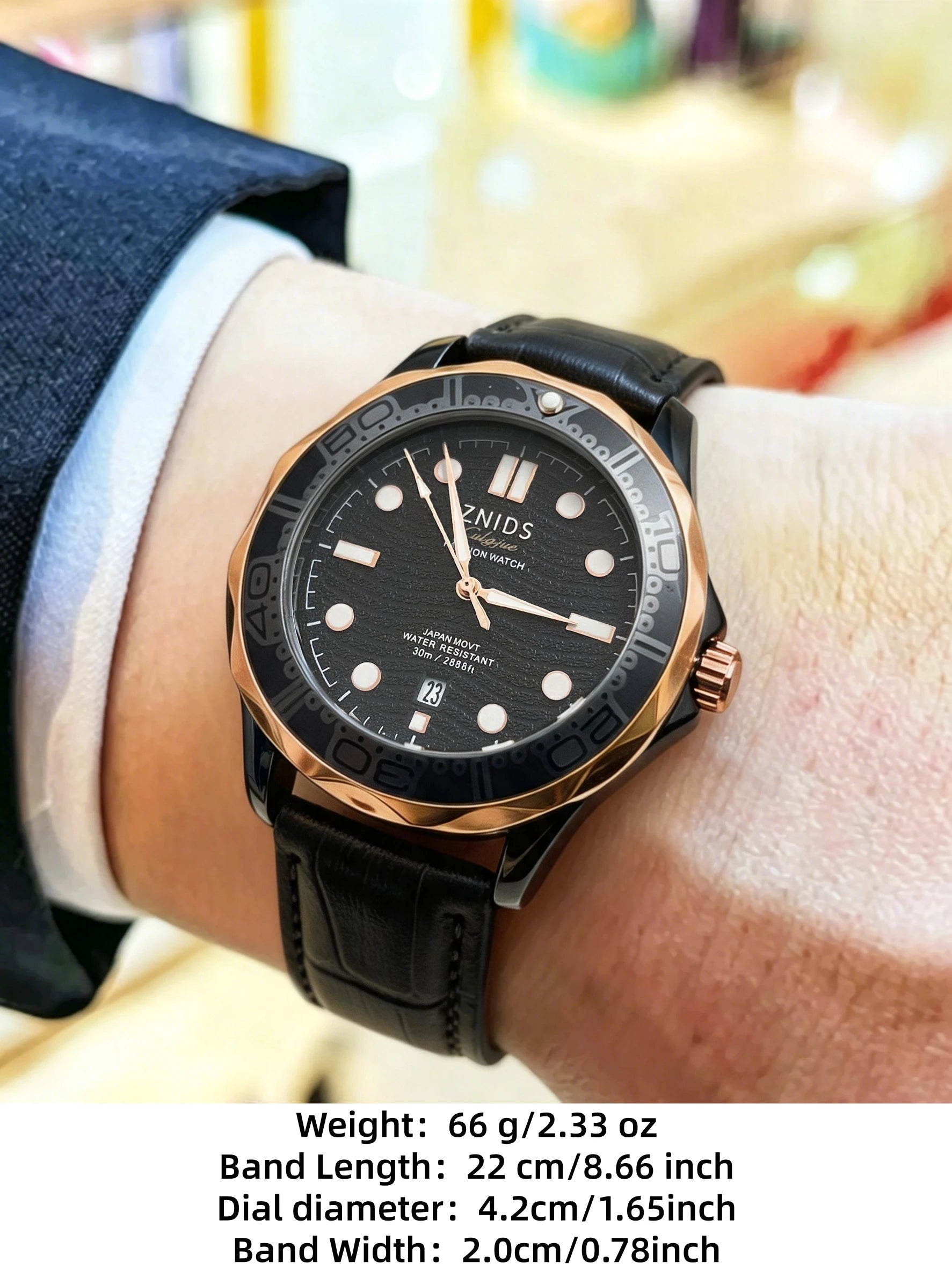 Luxury Men's Quartz Watch, Business Casual Versatile Wristwatch, Quartz Movement with Precise Timekeeping, Waterproof, Luminous Scale and Calendar Window, Rose Gold Bezel, Black Dial, Leather Strap, Luxury High-End Men's Watc