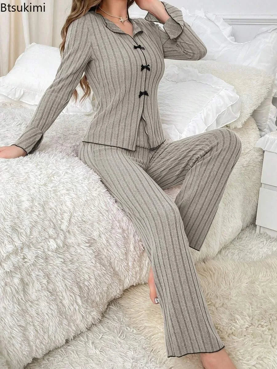 2026 Women's Fashion Two-piece Pajama Sets 2PCS Autumn Winter Casual Warm Home Clothes Sets for Girls Solid Sleepwear Clothes