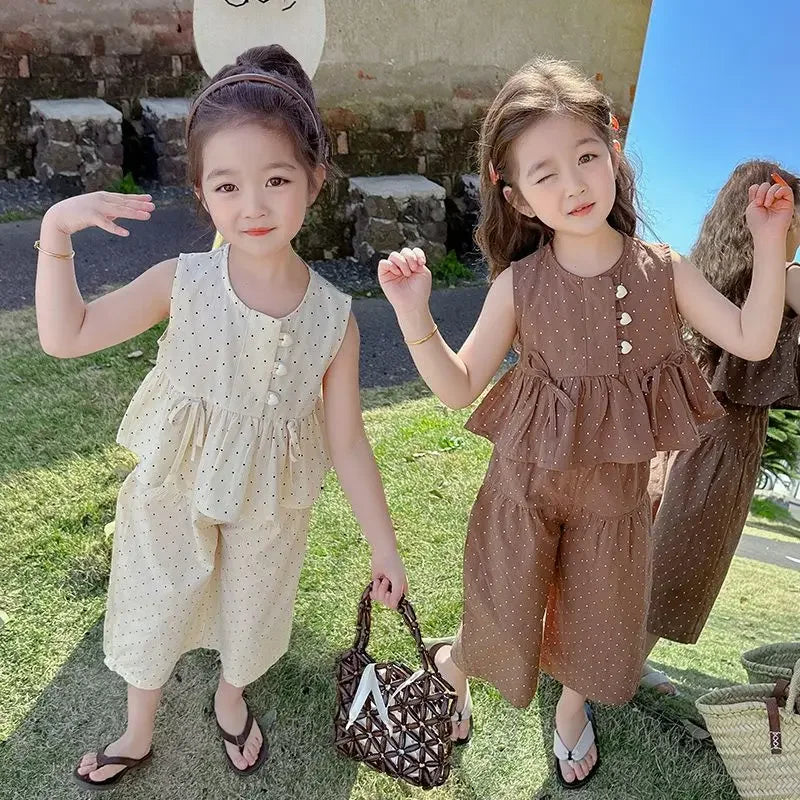 Baby Girl's Casual Clothing Summer Sleeveless Polka Dot Top+Wide Leg Pants Set with Bow and Botton 2PCS Set Childrens Clothing