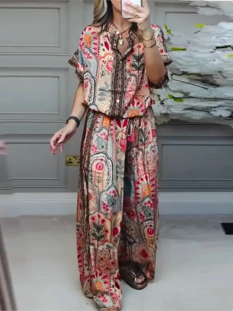 Woman 2 Piece Set Outfit New Summer Fashion Casual Loose Printed Short-sleeved Top + Wide-leg Trousers Two-piece Suit For Women