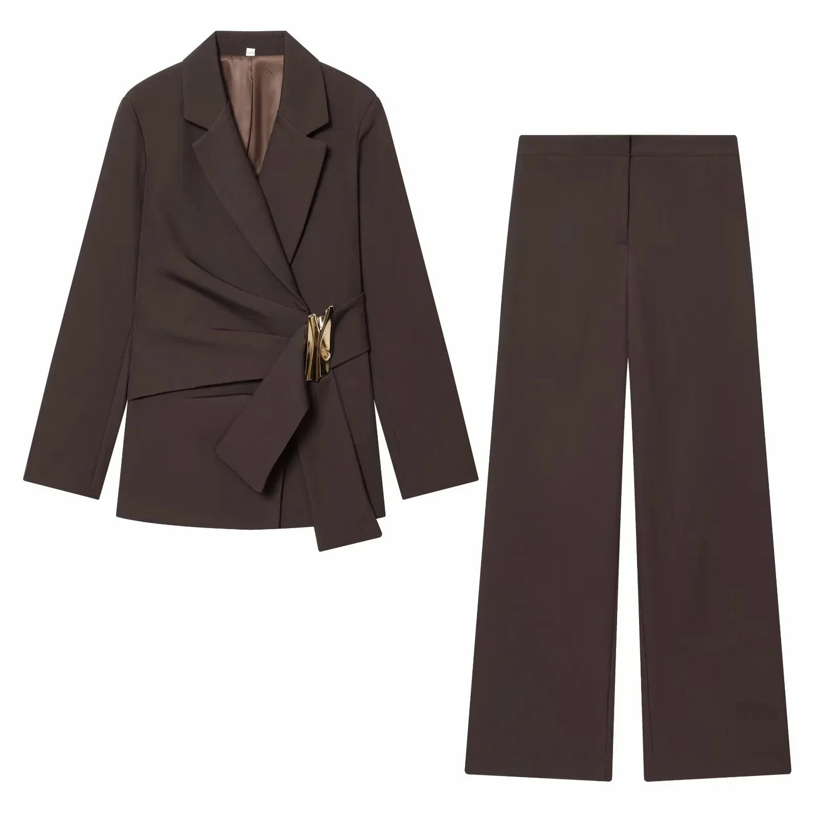 Women Suit Pants Two-Piece Set Buckle Decoration Long Sleeve Blazer Coat + Straight-Leg Pants 2 Pieces Sets Chic Woman Outfits