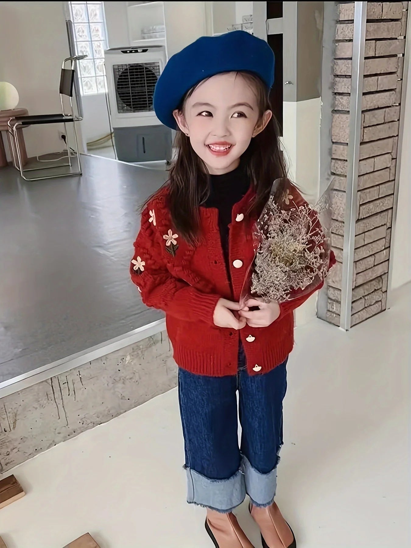 Girls' Sweater Cardigan Spring and Autumn New Fashionable Korean Style Children's Easiest for Match Embroidered Flower Knitted Jacket Trendy for Big Children