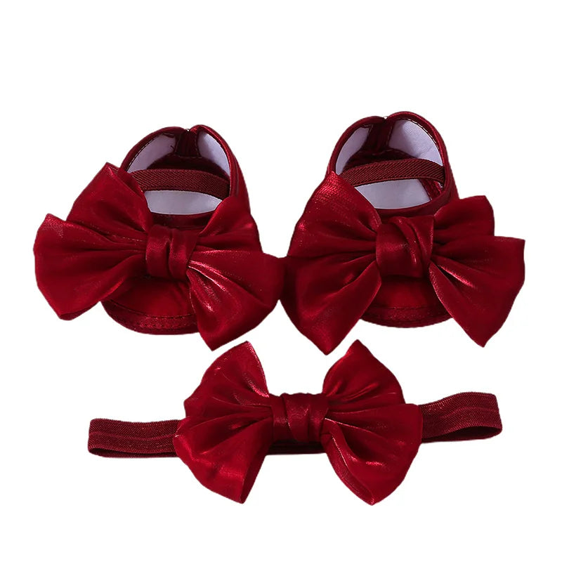 Baby Girls Baptism Shoes and Headband Shiny Bowknot Mary Jane Flats and Hairband Set 0-12M