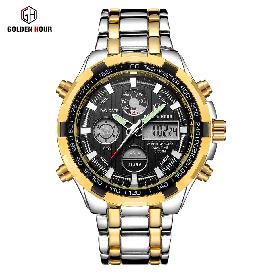 GOLDEN HOUR Luxury Men's Sport Stainless Steel Waterproof Dual Display Analog Digital Quartz Wristwatches Relogio Masculino