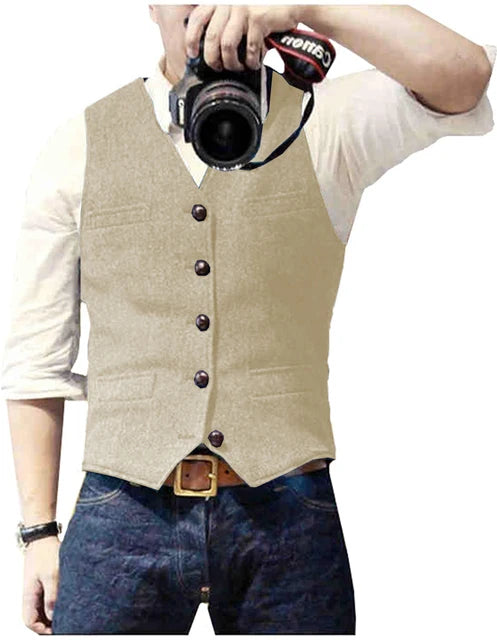 V Neck Men's Suits Vest Casual Classic Formal Business Herringbone Tweed Slim Fit Waistcoat For Wedding Groomsmen