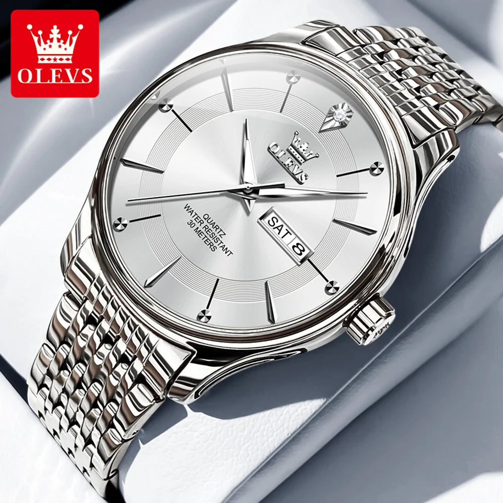 OLEVS Men's Watches Business Simply Original Quartz Watch for Man Waterproof Stainless Steel Luminous Hands Date Week