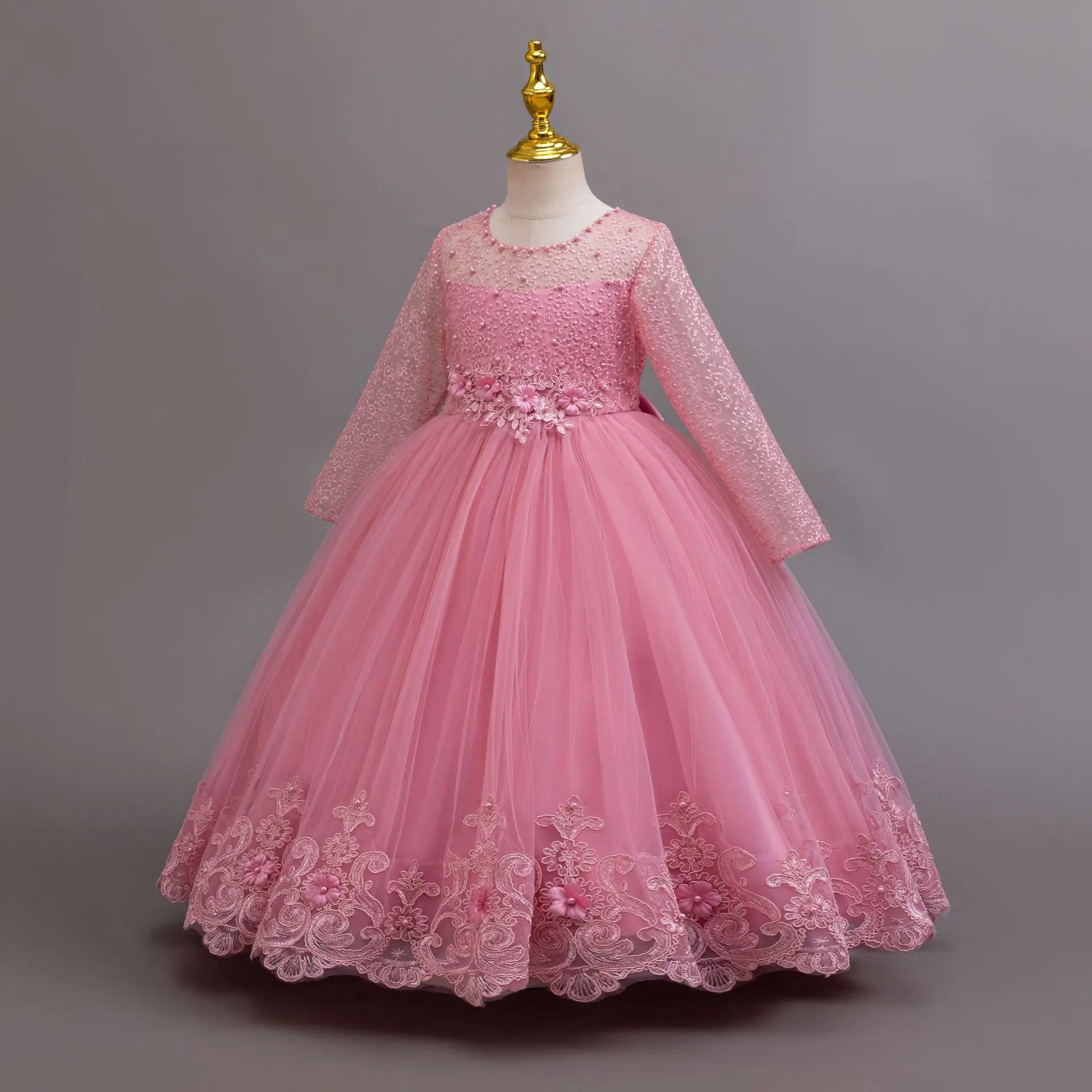 New Long Sleeve Elegant Dress for Young Girls Flower Girl Wedding Dresses Lace Formal White Clothes From 4 to12 Years