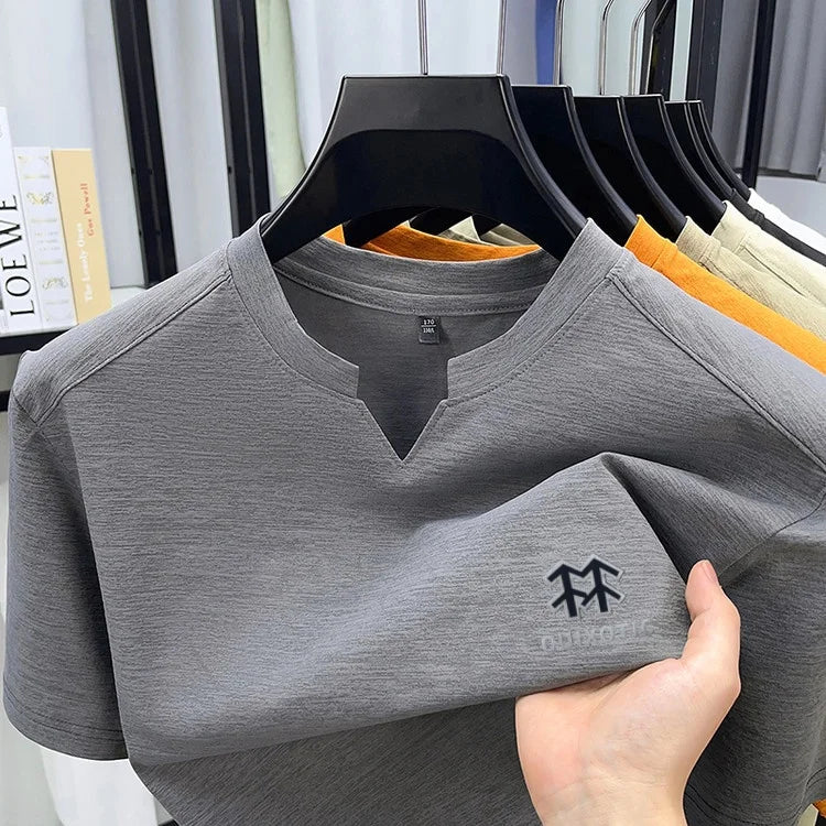 Luxury Man Short-Sleeved T-Shirt V-Neck Pattern Summer New Outdoor Sport T-Shirt Breathe Sleek Versatile Leisure Men's Clothing