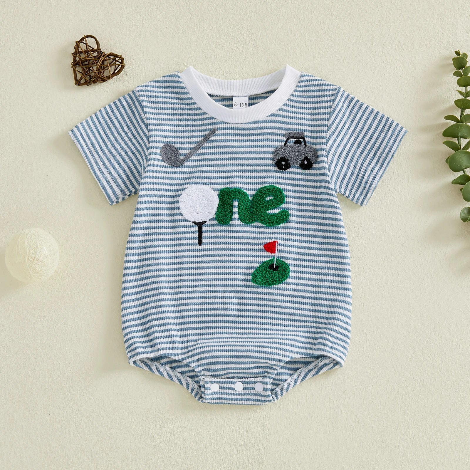 Adorable Baby Boy Romper with Fun Golf Embroidery Striped Design and Short Sleeves for a Stylish Summer Look