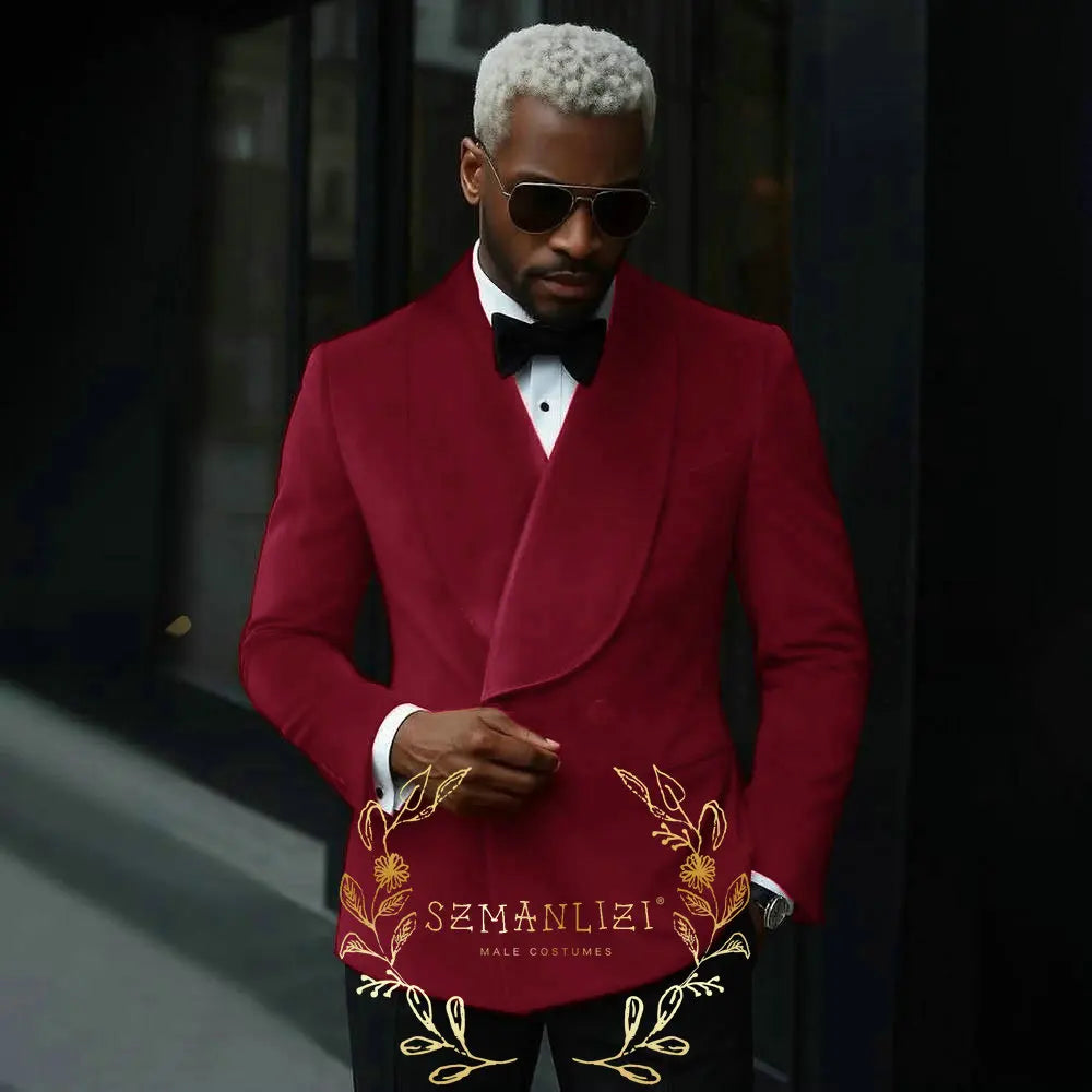 Luxury Grey Velvet Suits Men 2 Pieces Sets Double Breasted Groom Blazers Customized Man Banquet Wedding Tuxedos Male Clothing