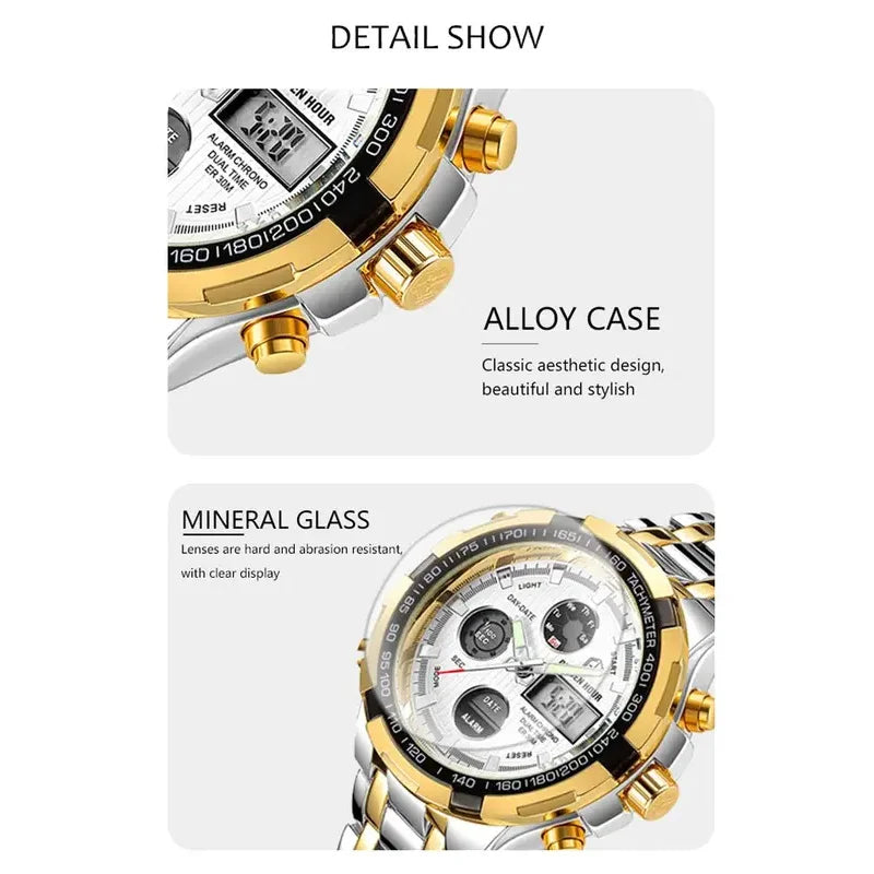GOLDEN HOUR Luxury Men's Sport Stainless Steel Waterproof Dual Display Analog Digital Quartz Wristwatches Relogio Masculino