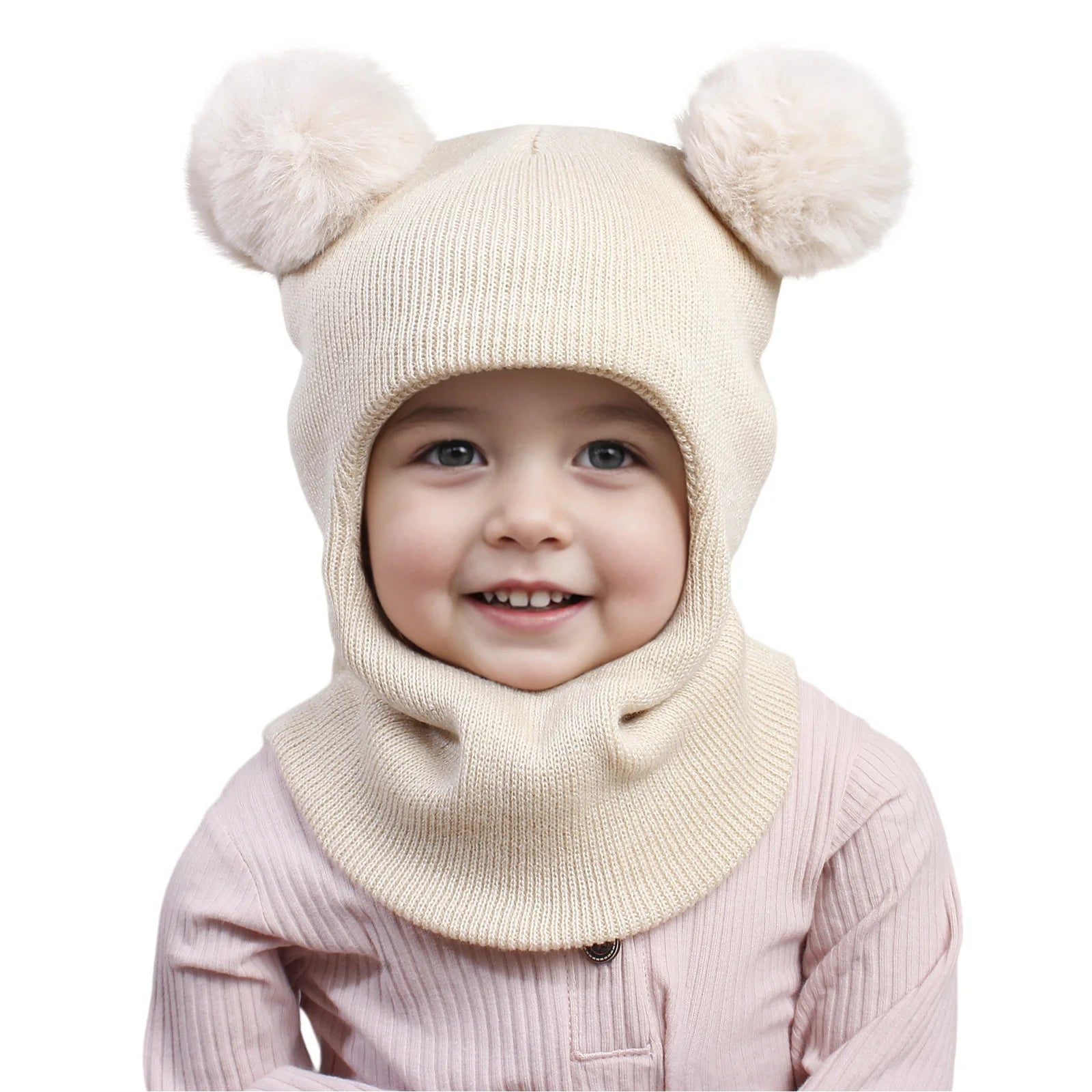 3-12Y autumn and winter double-ball pullover cap, children's double-ball ear-protecting one-piece cap, solid-color cute woolen o