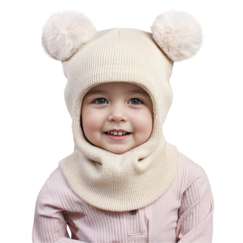 3-12Y autumn and winter double-ball pullover cap, children's double-ball ear-protecting one-piece cap, solid-color cute woolen o