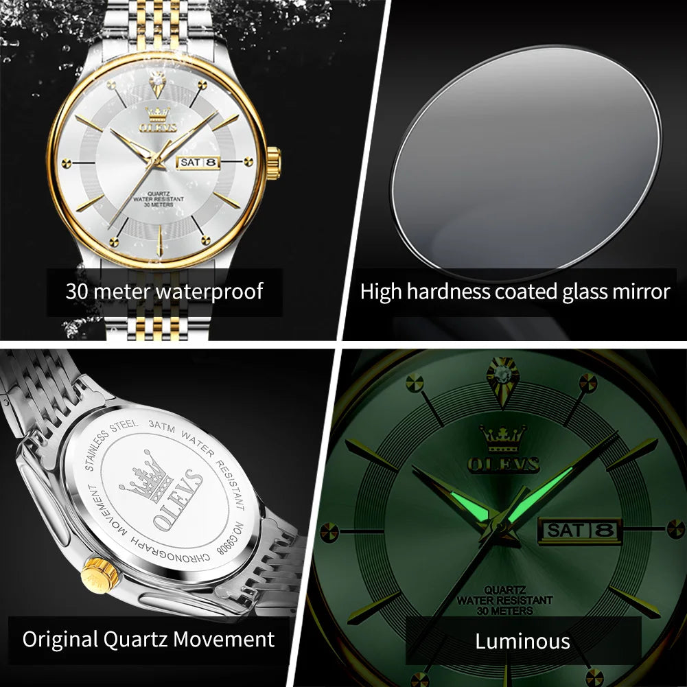 OLEVS Men's Watches Business Simply Original Quartz Watch for Man Waterproof Stainless Steel Luminous Hands Date Week