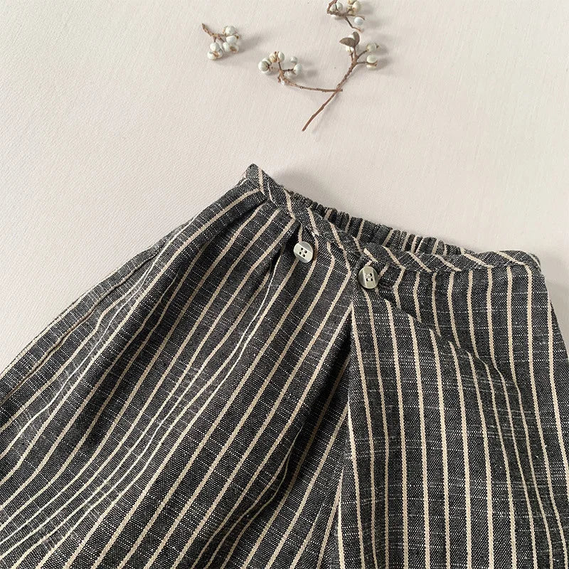 Kids Retro Striped Cotton Linen Pants – Comfortable Loose Fit Summer Trousers