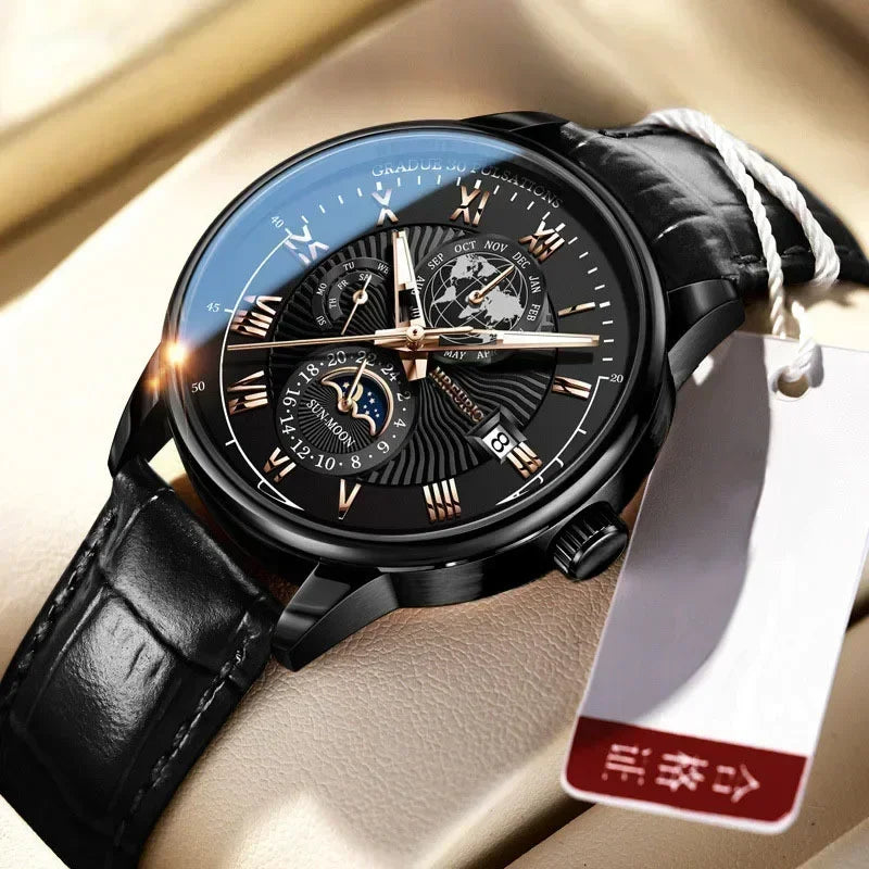 Luxury Brand Watch for Men Trendy High End Light Versatile Quartz Watch Leather Strap Fake Three Eye Fashion Business Wristwatch
