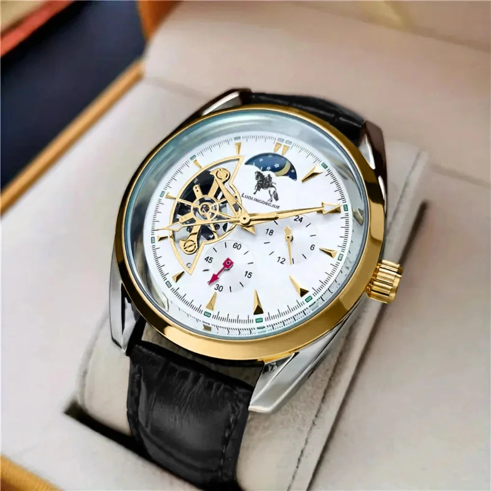 Luxury Men's Automatic Mechanical Watch, Mechanical Movement, Limited Edition, Roman Numeral Dial, Leather Strap, Skeleton Design, Waterproof, Luminous Calendar, Business Casual Style, Men's Watch, High-End Gentleman's Formal