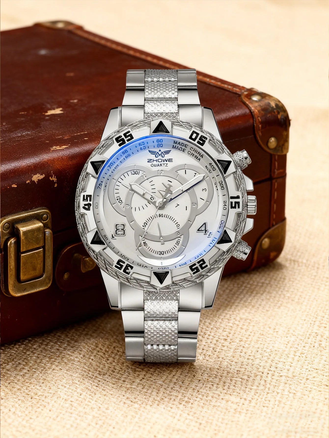 Luxury Large Dial Men's Watch, Stainless Steel Bracelet, Multi-Function Chronograph, Gold/Silver Two Colors, Fashion Quartz Wris