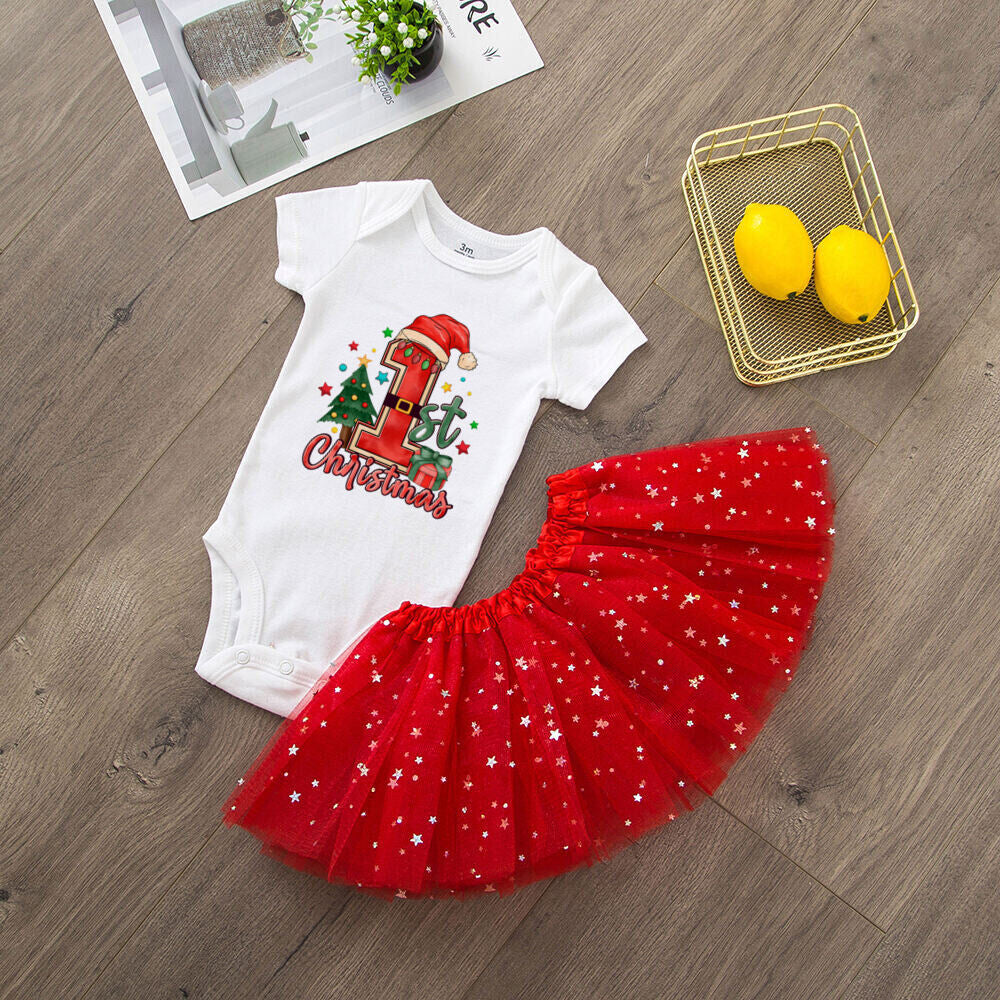My 1st Christmas Print Baby Girls Cake Smash Dresses Outfits Newborn Xmas Party Tutu + Bodysuit Dress Set Infant Baptism Clothes