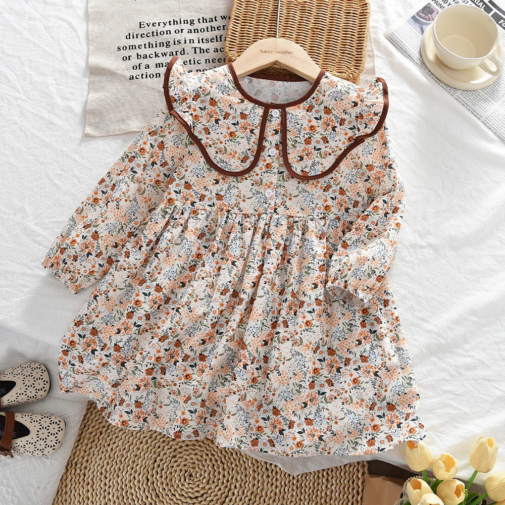 Bear Leader Autumn Spring New Girls' Dress Fashion Cute Doll Neck Flower Print Dress Children's Girls Long Sleeve Princess Dress