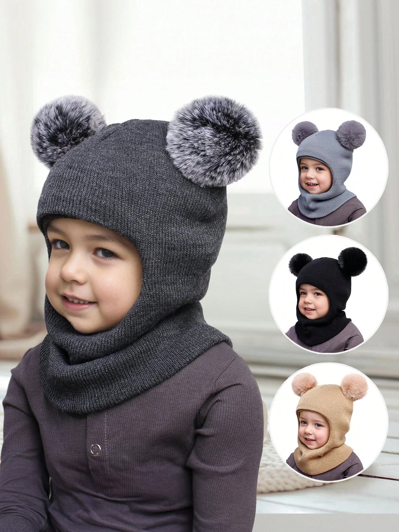 3-12Y autumn and winter double-ball pullover cap, children's double-ball ear-protecting one-piece cap, solid-color cute woolen o