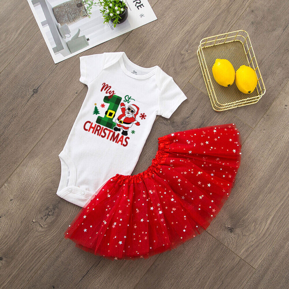 My 1st Christmas Print Baby Girls Cake Smash Dresses Outfits Newborn Xmas Party Tutu + Bodysuit Dress Set Infant Baptism Clothes
