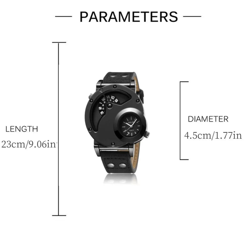 Luxury Men's Quartz Watch - Large Dual Dial Numerals, with Blue or Black Bronze Faux Leather Strap, Alloy Case, Non-Waterproof,