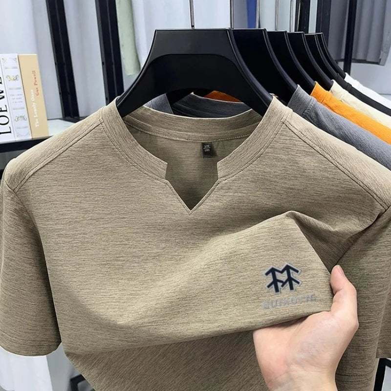 Luxury Man Short-Sleeved T-Shirt V-Neck Pattern Summer New Outdoor Sport T-Shirt Breathe Sleek Versatile Leisure Men's Clothing