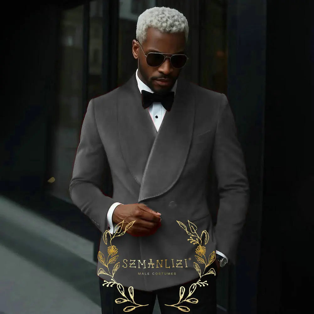 Luxury Grey Velvet Suits Men 2 Pieces Sets Double Breasted Groom Blazers Customized Man Banquet Wedding Tuxedos Male Clothing