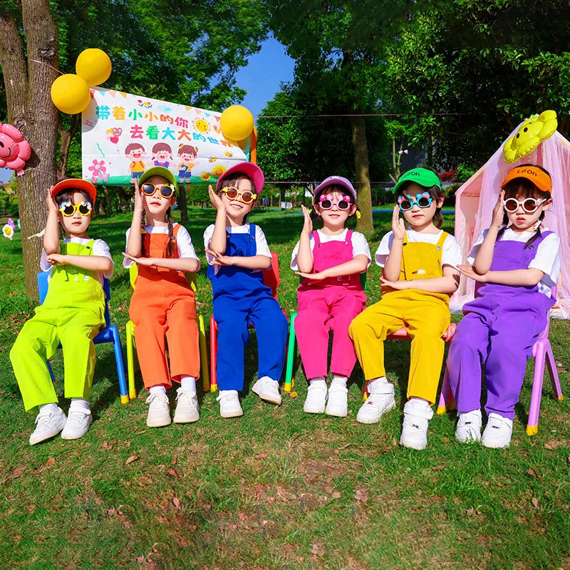 Boys Hip Hop Loose Colorful Overalls Girls Patchwork Dungaree Children Candy Color Jumpsuit Street Dance Romper Kids Streetwear