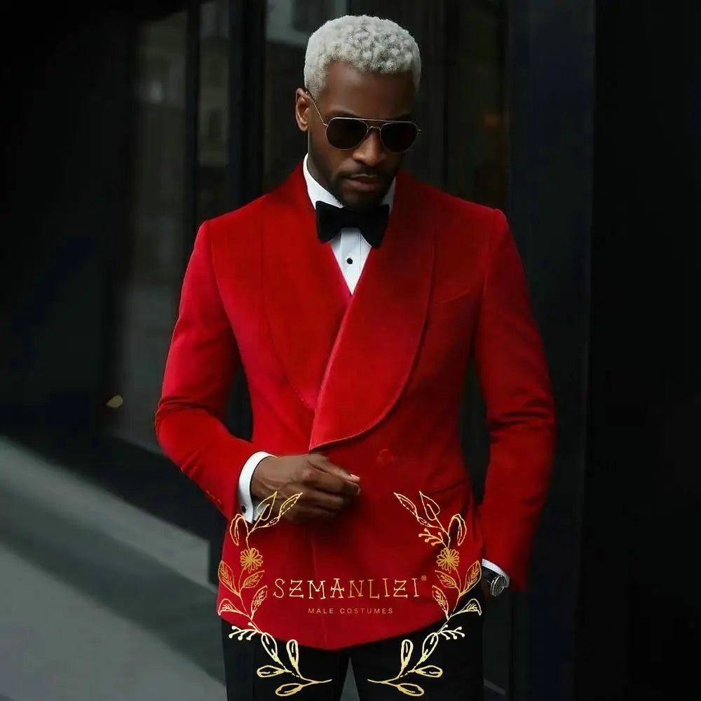 Luxury Grey Velvet Suits Men 2 Pieces Sets Double Breasted Groom Blazers Customized Man Banquet Wedding Tuxedos Male Clothing