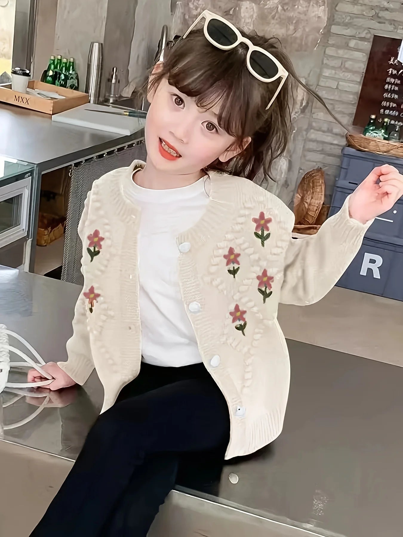 Girls' Sweater Cardigan Spring and Autumn New Fashionable Korean Style Children's Easiest for Match Embroidered Flower Knitted Jacket Trendy for Big Children