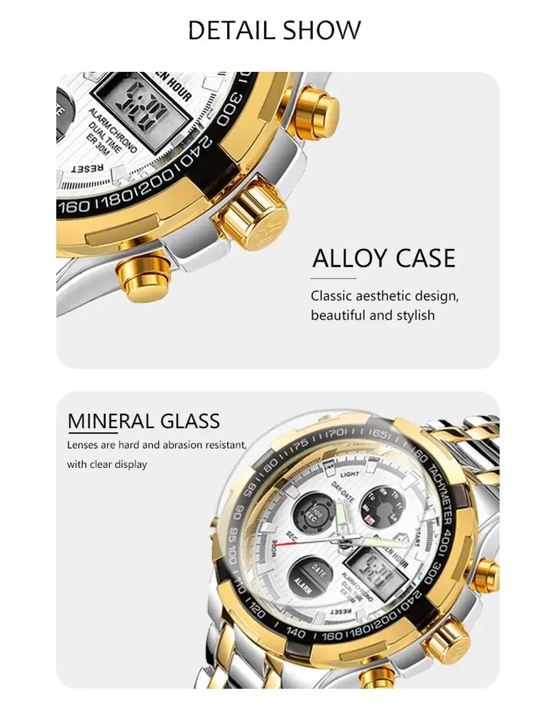 GOLDEN HOUR Luxury Men's Sport Stainless Steel Waterproof Dual Display Analog Digital Quartz Wristwatches Relogio Masculino