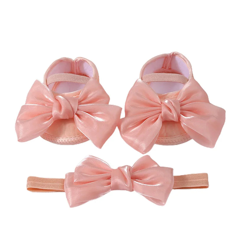 Baby Girls Baptism Shoes and Headband Shiny Bowknot Mary Jane Flats and Hairband Set 0-12M