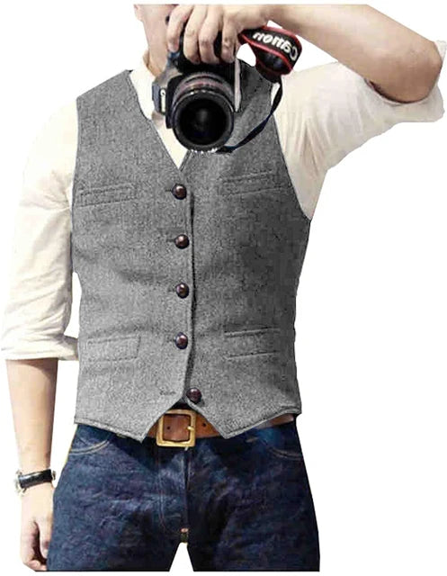 V Neck Men's Suits Vest Casual Classic Formal Business Herringbone Tweed Slim Fit Waistcoat For Wedding Groomsmen
