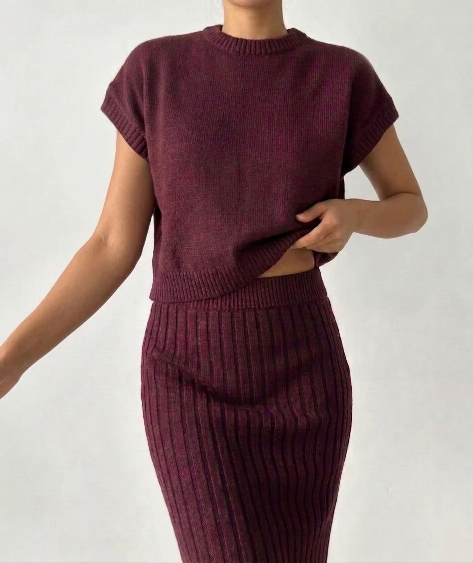 Women's 2 Piece Knit Outfit Set  2026 Spring Summer Short Sleeve Top Ribbed Midi Skirt Elegant Casual Daily Matching Suit