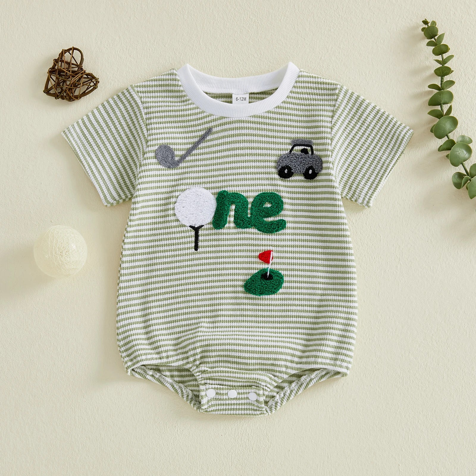 Adorable Baby Boy Romper with Fun Golf Embroidery Striped Design and Short Sleeves for a Stylish Summer Look