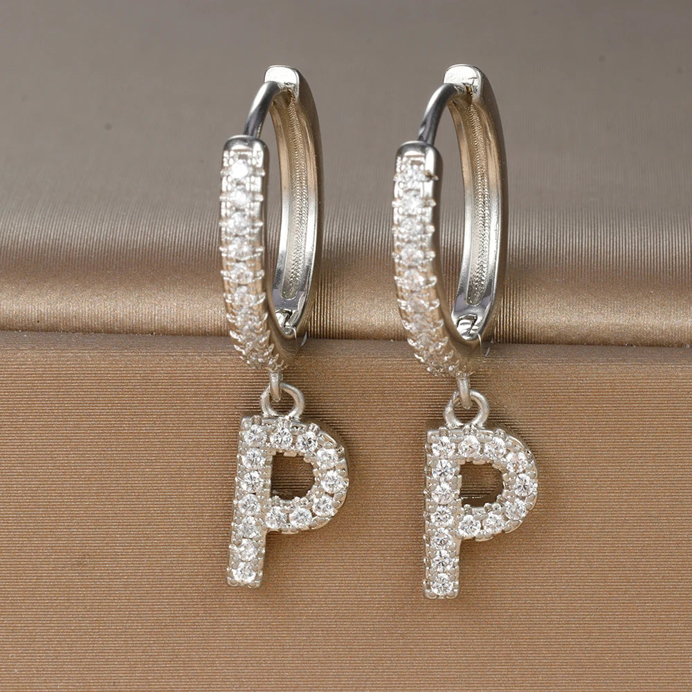 Silver Color Stainless Steel 26 Letters Hoop Earrings For Women A-Z Crystal Zircon Cartilage Piercing Earrings Wedding Jewelry