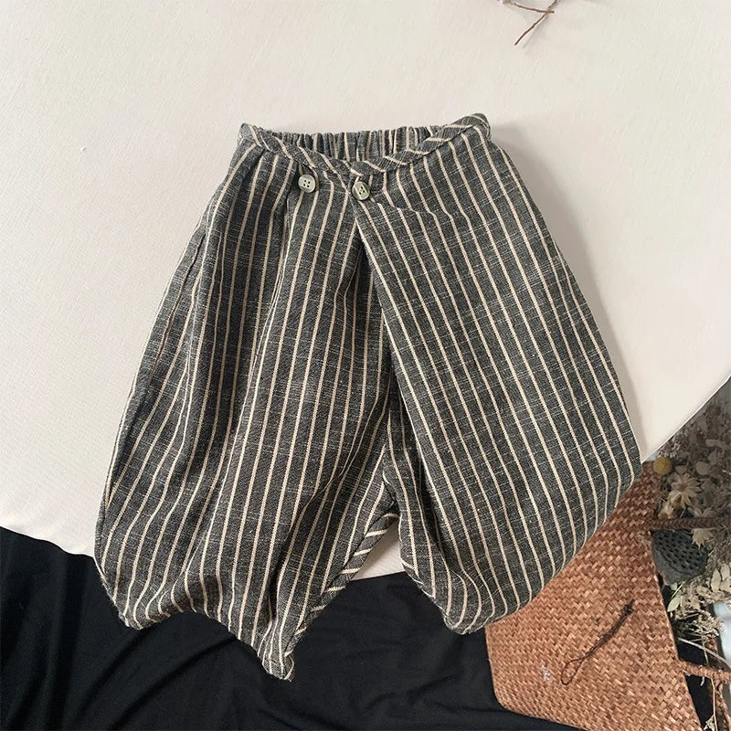 Kids Retro Striped Cotton Linen Pants – Comfortable Loose Fit Summer Trousers